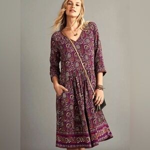 Garnet Hill Boho Floral Pocket Lined Midi Dress Sz 4 V-Neck inPurple Black color